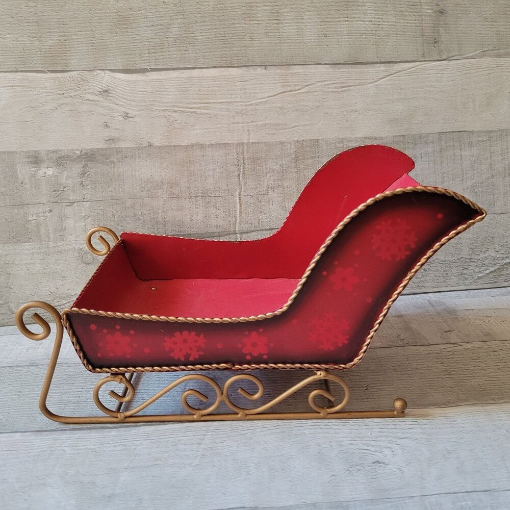 Decorative Red Metal Sleigh With Gold Trim & Snowflake Design 13" Long